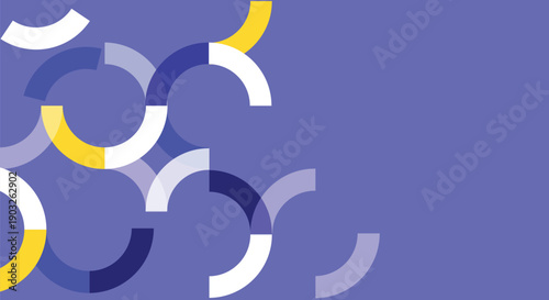 Abstract geometric pattern with colorful overlapping circular arcs on a vibrant purple background