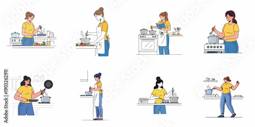 A set of flat vector illustrations depicting women cooking, preparing food, and reading recipes in the kitchen, showcasing various home culinary routines.