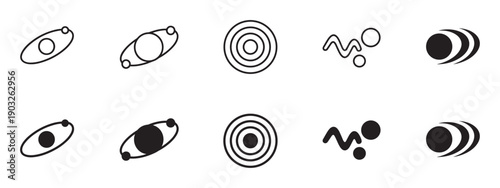 Collection of black abstract icons in outline and solid styles, featuring scientific and geometric symbols like atoms, orbits, ripples, and waves for graphic design