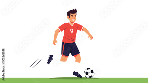 Professional soccer player in red jersey and blue shorts dribbling football on green grass field during match.