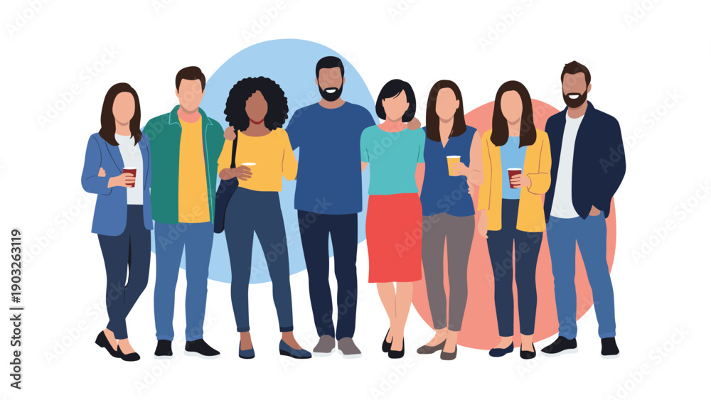Fototapeta premium Large group of diverse people standing together and holding coffee cups representing community and friendship.