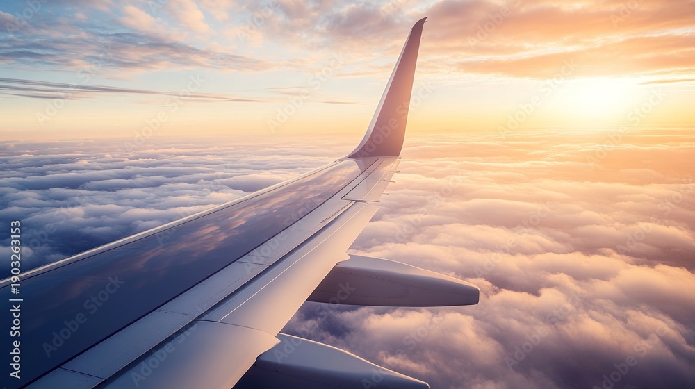 Fototapeta premium jetliner. Jetliner ascending through golden hour clouds, with a wingtip in the foreground. mobility guides, transit brochures, designed for transport & logistics marketing.