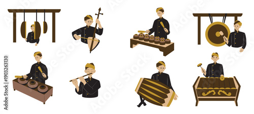 illustration set of characters playing traditional javanese