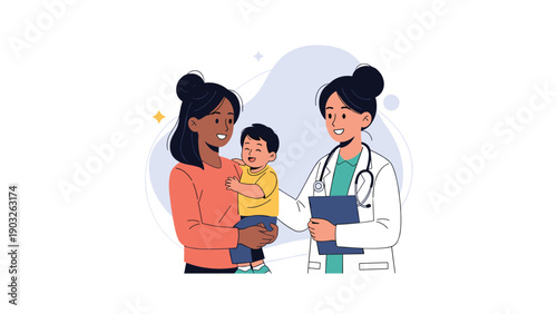 Pediatrician doctor consulting mother and baby boy in medical clinic during health checkup.