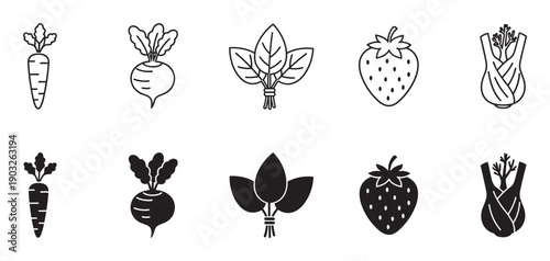 Collection of vegetable and fruit icons featuring carrot, beetroot, spinach, strawberry, and fennel in simple line art and solid black glyph styles for graphic design