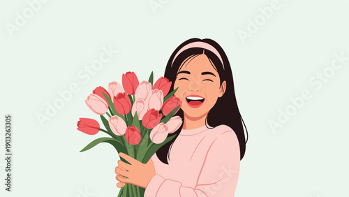 Joyful young woman with pink headband holding large bouquet of pink tulips and smiling brightly.