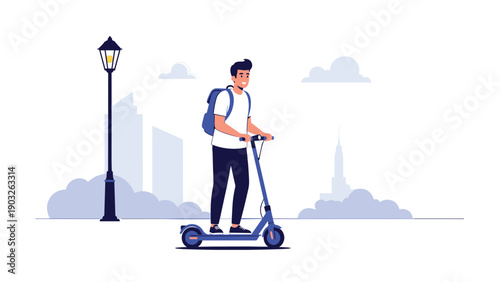 Young man with backpack riding electric scooter on city street with park and skyline background.