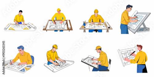 Architect and Engineer Drawing Blueprints Set: Male Professionals Working on House Floor Plans and Construction Schematics Illustration Bundle.