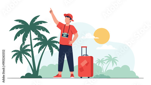 Traveler man pointing up towards the sky while standing near a palm tree and red suitcase in a tropical landscape.