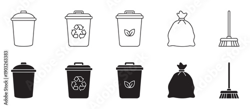 Collection of black cleaning and waste icons including trash cans, recycling and compost bins, a garbage bag, and a broom, presented in both line art and solid silhouette styles
