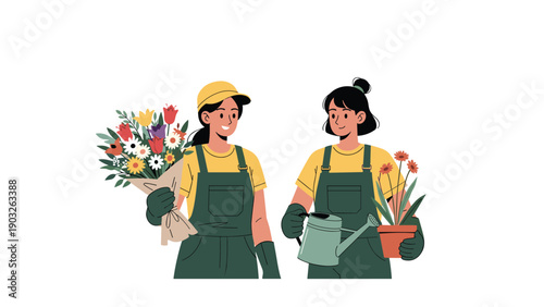 Two female gardeners in yellow shirts and green overalls holding a flower bouquet and a watering can with a potted plant.