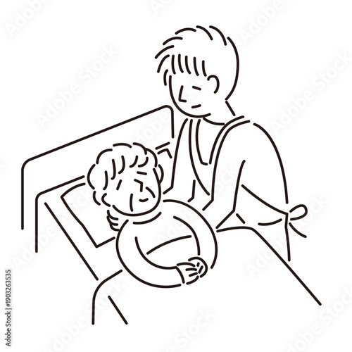 寝たきりの人を介護する人のシンプルな線画イラスト