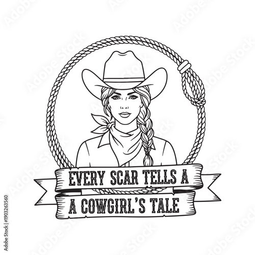  cowgirl with lasso and banner on white background isolated on white background