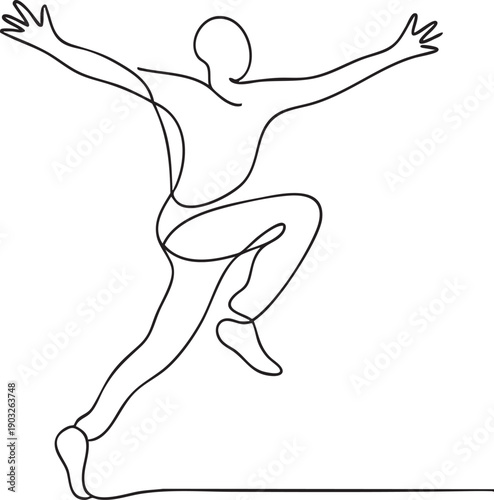 One line drawing man jumping up in the air with arms wide open wide spaces