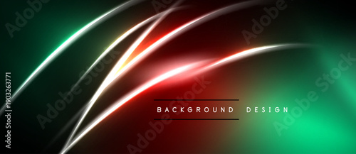 Abstract neon lines create dynamic gradient effect. Dark background emphasizes vibrant red, green highlights. Modern design element.