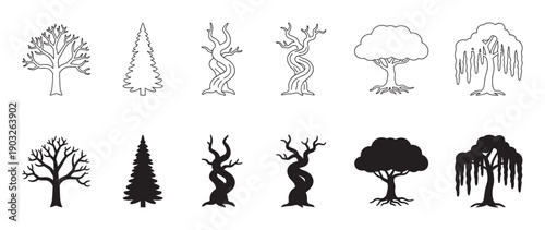 Collection of twelve tree icons presented in both black outline and solid silhouette styles, featuring diverse forms like deciduous, pine, gnarled, and weeping willow