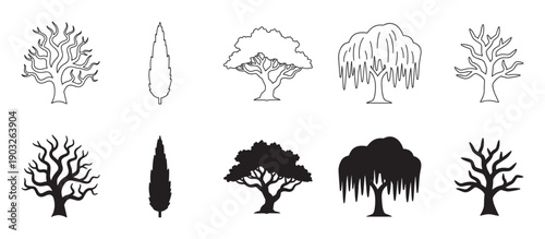Collection of various tree icons presented in both black silhouette and simple outline styles, featuring different species like cypress, willow, and bare winter trees for graphic design