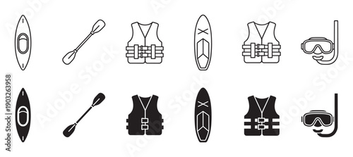 Water sports equipment icon set with a kayak, paddle, life jacket, and snorkel mask in two styles, black line art and solid glyph silhouette for active recreation concepts