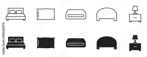 Bedroom furniture icon set in two styles, featuring minimalist line art and solid glyph versions of a bed, pillow, blanket, headboard, and nightstand with a lamp