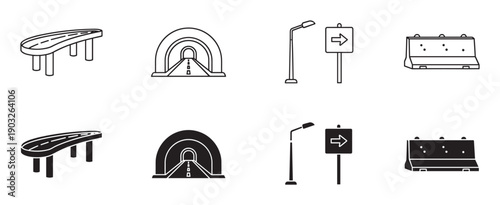 Set of road and traffic icons showing an overpass, tunnel, street sign, and barrier presented in two different styles, a simple line art outline and a solid black glyph version