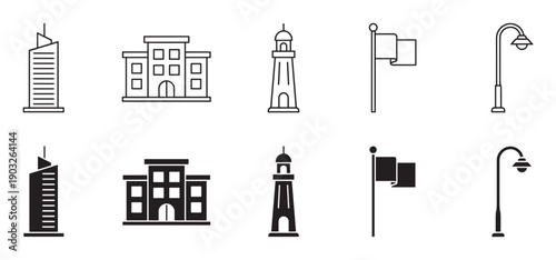 Set of urban and city life icons showing a skyscraper, building, lighthouse, flag, and lamppost in two graphic styles, a thin black outline and a solid black silhouette