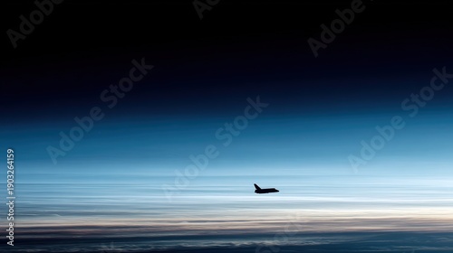 stratosphere. Majestic spacecraft silhouette against layered clouds in a deep blue cinematic atmosphere. product launch decks.