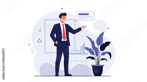 Successful businessman in a professional suit gesturing towards a whiteboard during a corporate office presentation.