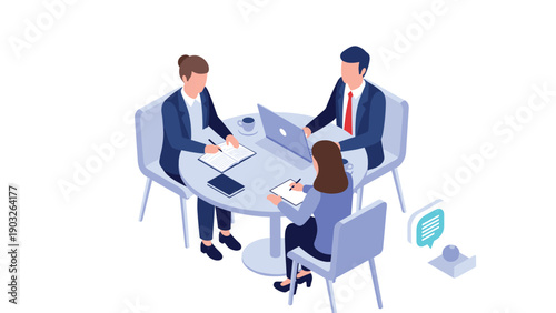 Group of three business professionals having a productive meeting around a circular table with a laptop and notebooks in a minimal office.