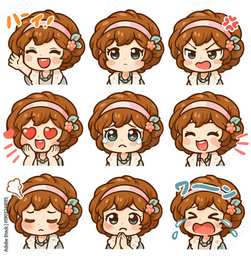 A set of cute anime girls illustrations in various clothes doing different activities with different expressions. Stickers or badges