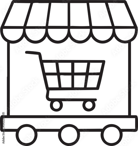 Shopping cart with awning and wheels icon for retail or ecommerce symbol