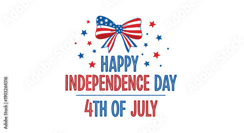 4th of July celebration badge with bow and stars, Independence Day patriotic design element, for banner or social media post, isolated on transparent background, png