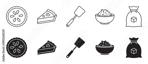Set of black baking and cooking icons showing a pie, slice, spatula, bowl, and sack in two distinct styles, a thin line art version and a solid black glyph or silhouette version