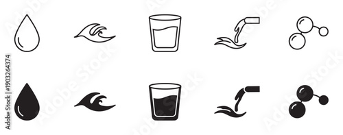 Set of black water icons in outline and solid glyph styles, including a drop, wave, glass, pouring tap, and molecule for various design concepts
