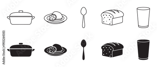 Set of food and kitchen icons in two distinct styles, line art and solid silhouette, featuring a cooking pot, sliced sausage, spoon, loaf of bread, and a glass