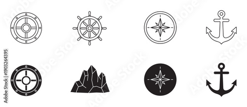Set of eight nautical icons featuring a porthole, ship's wheel, compass, anchor, and iceberg in minimalist line art and solid black silhouette graphic styles
