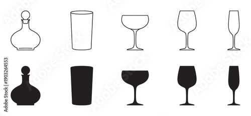 Glassware icons set with various types of glasses including a decanter, tumbler, wine, and champagne flute, shown in both black outline and solid silhouette styles