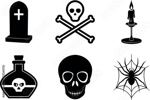 Collection of halloween icons including skulls, crossbones, spider web