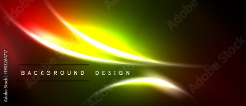 Abstract vibrant design features flowing lines, gradients. Red, yellow, green hues dominate dark background. Modern aesthetic.