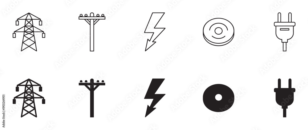 Fototapeta premium Collection of black electricity icons featuring a transmission tower, utility pole, lightning bolt, socket, and plug in both outline and solid silhouette vector styles