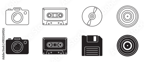Black and white retro media icon set featuring a camera, audio cassette, vinyl record, floppy disk, and CD in both minimalist line art and solid silhouette styles