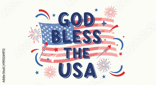 Vector patriotic typography with American flag, God Bless The USA, for Independence Day or Memorial Day banner, poster, or social media overlay, isolated on transparent background, png