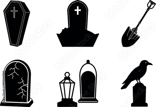 Collection of halloween icons including tombstones, a crow, shovel vector illustration 