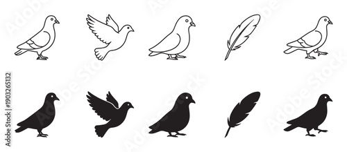 Collection of black dove and pigeon symbols presented as simple line art outlines and solid silhouettes in various poses including flying and standing
