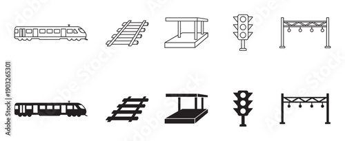 Set of transportation and infrastructure icons showing a train, railway, platform, traffic light, and lighting rig in two styles, line art and solid black silhouette for graphic design