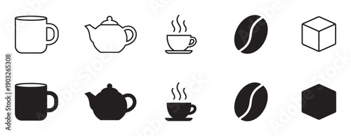 Set of black coffee and tea icons showing a mug, teapot, steaming cup, bean, and sugar cube in both line art and solid silhouette styles for graphic design elements