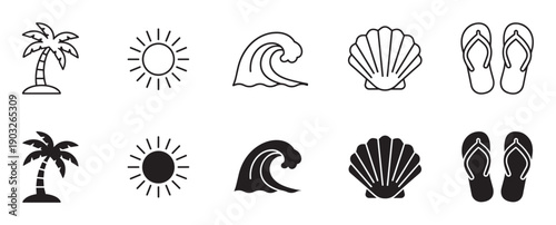 Collection of minimalist summer beach icons including a palm tree, sun, wave, seashell, and flip-flops, shown in both outline and solid black silhouette versions