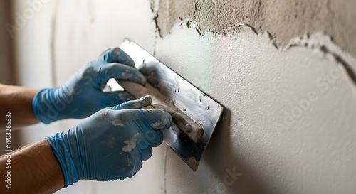 Skilled craftsman smoothing wall with trowel wearing protective gloves