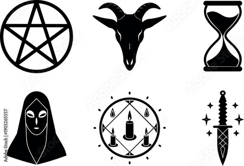 Collection of occult mystical symbols in black vector illustration 
