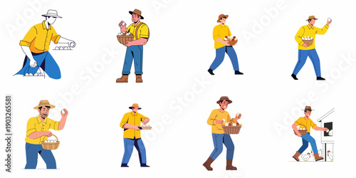 Vector Set of Farmers Collecting Fresh Eggs: Various Illustrations Depicting Poultry Farming, Egg Production, and Organic Food Harvest.