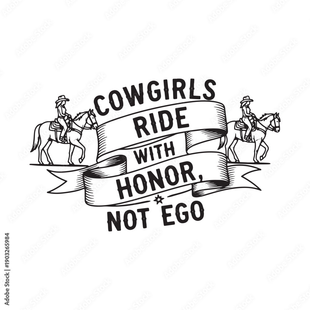 Obraz premium vintage style cowgirls riding horses with honor banner isolated on white background